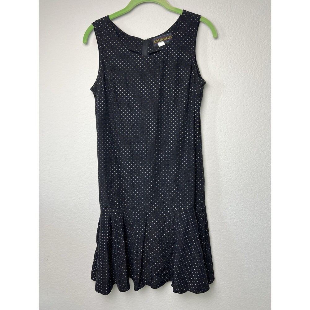 Vintage Just In Thyme Black Gold Polka Dot Drop Waist Dress Size 6 Sleeveless
